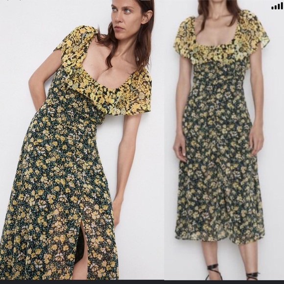 Zara floral ruffle yellow slit front midi dress size medium blogger spring‎ - Picture 1 of 6